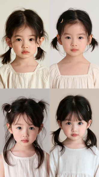 chinese little girl, 4 years old, kindergarten child, innocent sweet and lively, bright clear eyes, neutral expression, closed lips, soft fine black hair in two small pigtails, a small crescent moon shaped hair clip, simple light cotton dress, front-facing, looking at camera, photorealistic portrait photograph, real human subject, full color, natural skin tones, natural skin texture, soft even light, plain backdrop