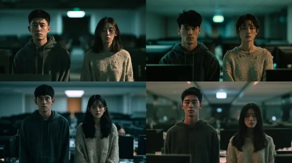 two ordinary chinese office workers standing side by side in a dark dead silent open plan office at night, a man in his late twenties in a dark grey hoodie and a woman in her late twenties in a worn beige knit sweater, both exhausted and motionless with blank tired faces, rows of dark switched-off monitors behind them, cinematic natural light, one distant corridor light box as the only light source, cold cyan 7000k, soft directional shadow falling across them, deep falloff into darkness, realistic film still, 35mm lens, subtle film grain