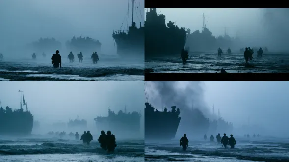 silhouettes of a line of landing craft in dense sea fog at dawn, 1944 normandy beach, distant soldier figures wading through shallow water, only silhouettes with no visible faces, canvas webbing and steel helmets read as shape only, cold desaturated grey blue palette, cinematic natural light breaking through fog, strong atmospheric haze, backlit, heavy film grain, 35mm war film still