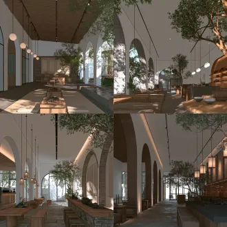 根据建模渲染，梦幻，明亮室内，强光影，明亮氛围，重新装修，新中式，华美，唯美光影，古风，白墙，砖雕，饮品店，茶具，拓印，真实感