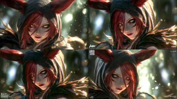 红发狐耳少女披带帽斗篷，神秘森林背景，黄昏光线，体积光效果，动态姿势，斗篷随风飘扬，细腻毛皮纹理，锐利眼神，温暖琥珀色瞳孔，逆光拍摄，电影级构图，超精细3d渲染，octane引擎，8k分辨率，zbrush雕刻，虚幻引擎背景，景深效果，高动态范围，柔和阴影，金色光晕，氛围雾气，奇幻现实主义风格。
