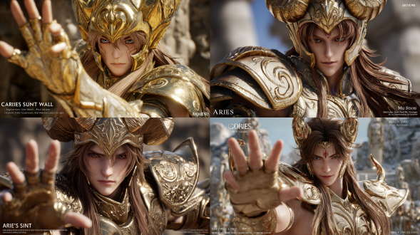 核心人物与场景： 一位温和而强大的黄金圣斗士，白羊座的穆，正在施展他的绝招“水晶墙”。他身处由虚幻引擎打造的嘉米尔高原，背景是巍峨的雪山和破碎的古希腊神殿遗迹，充满史诗般的氛围。 详细人物特征： 外貌： 英俊温和的东方面孔，舒眉秀目。额头眉心上方有两个清晰的朱红色圆点印记，这是其核心身份标志。表情从容冷静，眼神中透露着睿智与坚定。 发型： 标志性的茶色长发，发型优雅，两缕长长的发束垂在胸前，发丝超级细腻，在风中微微飘动。 姿态与动作： 全身镜头，穆处于动态战斗姿态，双手优雅地向前张开，正在展开一道由小宇宙构成的、半透明的能量屏障“水晶墙”，姿势充满张力又兼具美感。 圣衣细节： 穿着精致的白羊座黄金圣衣，盔甲呈现华丽的金色，带有复杂的东方纹样和流线型设计。头盔是巨大的螺旋状公羊角造型。盔甲表面具有高度抛光的金属质感，反射着环境光，产生强烈的高光和深邃的阴影，凸显出超精细的雕刻纹路和闪亮细节。 技术与画质： 逼真，8k分辨率，基于《圣斗士》原作，3d艺术，3d渲染，最佳品质，oc渲染，虚幻引擎打造丰富背景，逼真细节，超级精细，逼真摄影，精细毛发，实拍质感，真实背景，数字艺术，独特个性，超级精细绘画，动态照明，高对比度，电影级照明，锐利焦点，景深效果，高度精细，8k画质。 负面提示词（杜绝以下元素）： 丑陋，畸形，鬼畜，恐怖，身体结构错乱，比例失调，画面模糊，线条杂乱，水墨风，（低质量，低分辨率），额外肢体，多余手指，过于卡通，过于夸张的表情和动作，缺少额头印记。