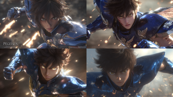 一位勇敢的少年圣斗士，天马座的星矢。他拥有一头棕黑色的刺猬短发，面容英俊而坚毅，眼神中燃烧着不屈的火焰。他正摆出招牌动作“天马流星拳”的起手式，身体前倾，右拳向后引，无数拳光如流星般开始在其身前汇聚。身穿深蓝色的天马座青铜圣衣，圣衣上带有翅膀和流线型的设计，并带有战斗磨损的痕迹。全身镜头，动态战斗姿态，充满力量感。逼真，8k分辨率，基于《圣斗士》原作，3d艺术，最佳品质，oc渲染，虚幻引擎背景，动态照明，高对比度，锐利焦点。