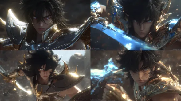 一位坚毅强大的少年圣斗士，天龙座的紫龙。他拥有一头及腰的黑色长发，东方古典美男子的面孔，剑眉星目。在双目失明时眼神空洞而坚定；常态下则目光锐利。他正爆衣准备施展“庐山升龙霸”，右拳向上挥出，一条青龙的能量体环绕臂膀冲天而起。他左臂佩戴巨大的天龙座盾牌，背部有龙爪设计的肩甲。全身镜头，充满爆发力。逼真，8k分辨率，基于《圣斗士》原作，3d艺术，最佳品质，oc渲染，庐山瀑布背景，电影级照明，高光，阴影。