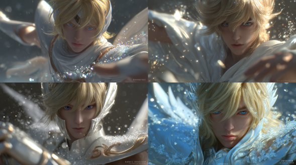 a calm and elegant japanese-russian saint, cygnus hyoga. he has short, bright golden hairand clear blue eyes. his face is beautiful and sculpted, often with a hint of melancholy and loneliness. he is performing his signature move "diamond dust"with graceful motions, his arms sweeping as freezing air transforms into a shower of glittering ice crystals. wearing the pure white cygnus bronze cloth, with a helmet shaped like spreading swan wings. full-body shot, pose as elegant as a ballet dancer. photorealistic, 8k resolution, based on (saint seiya), 3d art, best quality, oc render, siberian ice field background, ice and snow effects, cool tone lighting.