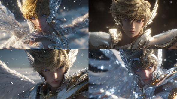 "优雅高贵的日俄圣斗士天鹅座冰河，金色短发，清澈蓝眸，雕塑般俊美面容透出忧郁，施展绝技'钻石星尘'，双臂挥洒间寒气化作闪耀冰晶，身披纯白天鹅座青铜圣衣，翼状头盔，全身优雅如芭蕾舞者，写实风格8k画质，3d艺术，极佳质感，oc渲染，西伯利亚冰原背景，冰雪特效，冷色调光线，动态捕捉，细腻粒子效果，氛围孤寂唯美"