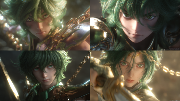 a gentle and kind-hearted young saint with a beautiful, almost feminine face, andromeda shun. he has green shoulder-length hairand large, soft green eyes. his expression is gentle and compassionate, but becomes determined in battle. he is controlling his weapon, the "nebula chain", which floats and moves around him like a living entity for defense and attack. wearing the emerald green andromeda bronze cloth, one of the most protective bronze armors. full-body shot, a pose combining defense and offense. photorealistic, 8k resolution, based on (saint seiya), 3d art, best quality, oc render, metallic texture of the chain, fine hair, soft lighting.