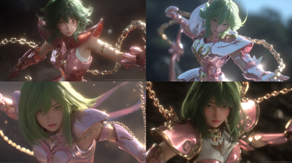 仙女座瞬，身穿淡粉色青铜圣衣，肩甲和护腿带有锁环设计。绿色齐肩短发，容貌清秀如少女，眼神温柔坚定。施展星云锁链，锁链在空中灵动盘旋。全身镜头，动态姿势。高清，8k，3d渲染，oc渲染器，精细细节，电影光照.