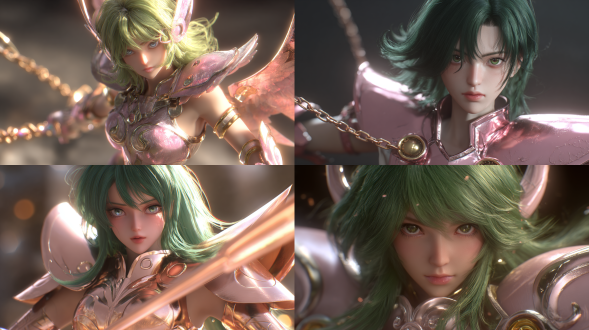 仙女座瞬，身穿淡粉色青铜圣衣，肩甲和护腿带有锁环设计。绿色齐肩短发，容貌清秀如少女，眼神温柔坚定。面部皮肤呈现出健康自然的肌理，带有细微的毛孔感和真实的光泽，绝非光滑的塑料质感。施展星云锁链，锁链在空中灵动盘旋。全身镜头，动态姿势。高清，8k，3d渲染，oc渲染器，精细细节，电影光照，逼真肤感.