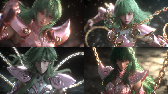 仙女座瞬，身穿淡粉色青铜圣衣，肩甲和护腿带有锁环设计。绿色齐肩短发，容貌清秀如少女，眼神温柔坚定。面部皮肤呈现出健康自然的肌理，带有细微的毛孔感和真实的光泽，绝非光滑的塑料质感。施展星云锁链，锁链在空中灵动盘旋。全身镜头，动态姿势。高清，8k，3d渲染，oc渲染器，精细细节，电影光照，逼真肤感.