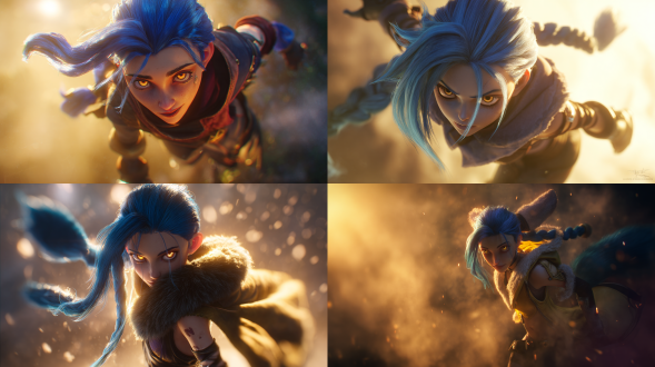 英雄联盟角色，金克斯，黄昏光线，体积光效果，动态姿势，斗篷随风飘扬，细腻毛皮纹理，锐利眼神，温暖琥珀色瞳孔，逆光拍摄，电影级构图，超精细3d渲染，octane引擎，8k分辨率，zbrush雕刻，虚幻引擎背景，景深效果，高动态范围，柔和阴影，金色光晕，氛围雾气，奇幻现实主义风格。