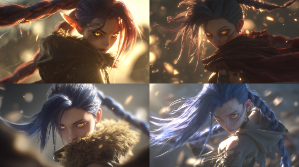 英雄联盟角色，金克斯，黄昏光线，体积光效果，动态姿势，斗篷随风飘扬，细腻毛皮纹理，锐利眼神，温暖琥珀色瞳孔，逆光拍摄，电影级构图，超精细3d渲染，octane引擎，8k分辨率，zbrush雕刻，虚幻引擎背景，景深效果，高动态范围，柔和阴影，金色光晕，氛围雾气，奇幻现实主义风格。