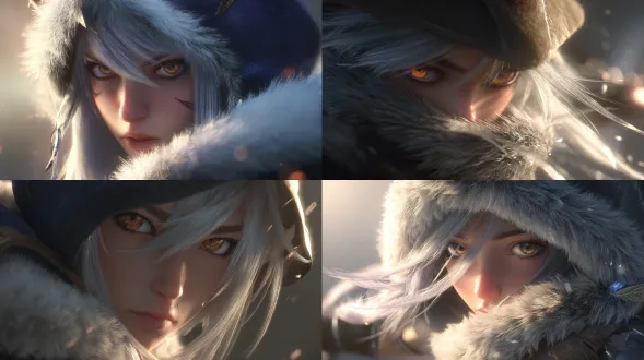 英雄联盟角色，寒冰射手艾希，黄昏光线，体积光效果，动态姿势，斗篷随风飘扬，细腻毛皮纹理，锐利眼神，温暖琥珀色瞳孔，逆光拍摄，电影级构图，超精细3d渲染，octane引擎，8k分辨率，zbrush雕刻，虚幻引擎背景，景深效果，高动态范围，柔和阴影，金色光晕，氛围雾气，奇幻现实主义风格。