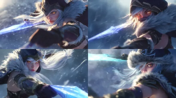 英雄联盟角色，寒冰射手艾希，黄昏光线，体积光效果，动态姿势，斗篷随风飘扬，细腻毛皮纹理，锐利眼神，温暖琥珀色瞳孔，逆光拍摄，电影级构图，超精细3d渲染，octane引擎，8k分辨率，zbrush雕刻，虚幻引擎背景，景深效果，高动态范围，柔和阴影，金色光晕，氛围雾气，奇幻现实主义风格。