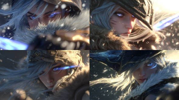 英雄联盟角色，寒冰射手艾希，黄昏光线，体积光效果，动态姿势，斗篷随风飘扬，细腻毛皮纹理，锐利眼神，蓝色瞳孔，逆光拍摄，电影级构图，超精细3d渲染，octane引擎，8k分辨率，zbrush雕刻，虚幻引擎背景，景深效果，高动态范围，柔和阴影，金色光晕，氛围雾气，奇幻现实主义风格。