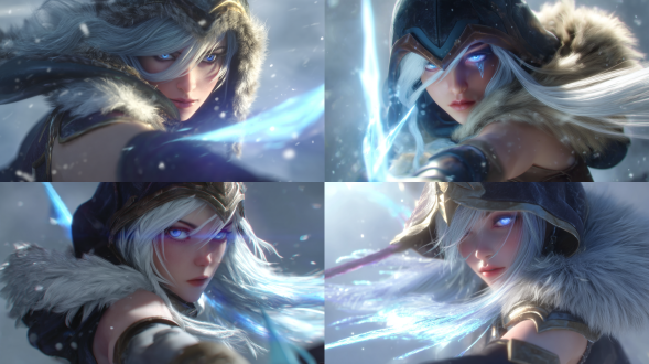 英雄联盟角色，寒冰射手艾希，黄昏光线，体积光效果，动态姿势，斗篷随风飘扬，细腻毛皮纹理，锐利眼神，蓝色瞳孔，逆光拍摄，电影级构图，超精细3d渲染，octane引擎，8k分辨率，zbrush雕刻，虚幻引擎背景，景深效果，高动态范围，柔和阴影，蓝色光晕，氛围雾气，奇幻现实主义风格，