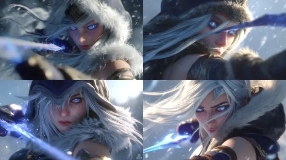 英雄联盟角色，寒冰射手艾希，黄昏光线，体积光效果，动态姿势，斗篷随风飘扬，细腻毛皮纹理，锐利眼神，蓝色瞳孔，逆光拍摄，电影级构图，超精细3d渲染，octane引擎，8k分辨率，zbrush雕刻，虚幻引擎背景，景深效果，高动态范围，柔和阴影，蓝色光晕，氛围雾气，奇幻现实主义风格，