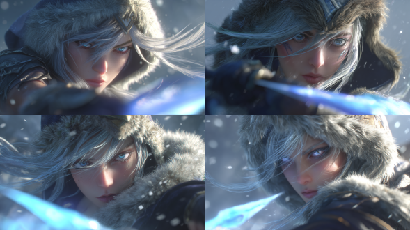 英雄联盟角色，寒冰射手艾希，黄昏光线，体积光效果，动态姿势，斗篷随风飘扬，细腻毛皮纹理，锐利眼神，蓝色瞳孔，逆光拍摄，电影级构图，超精细3d渲染，octane引擎，8k分辨率，zbrush雕刻，虚幻引擎背景，景深效果，高动态范围，柔和阴影，蓝色光晕，氛围雾气，奇幻现实主义风格，