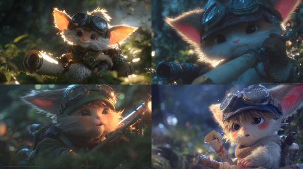 英雄联盟角色提莫，在森林里，可爱约德尔人，戴护目镜头盔，持卷轴和望远镜，黄昏光线，体积光效果，动态姿势，细腻毛皮纹理，逆光拍摄，电影级构图，超精细3d渲染，octane引擎，8k分辨率，zbrush雕刻，虚幻引擎背景，景深效果，高动态范围，柔和阴影，氛围雾气，奇幻现实主义风格，