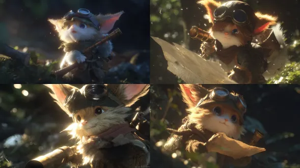 英雄联盟角色提莫，在森林里，可爱约德尔人，戴护目镜头盔，持卷轴和望远镜，黄昏光线，体积光效果，动态姿势，细腻毛皮纹理，逆光拍摄，电影级构图，超精细3d渲染，octane引擎，8k分辨率，zbrush雕刻，虚幻引擎背景，景深效果，高动态范围，柔和阴影，氛围雾气，奇幻现实主义风格，