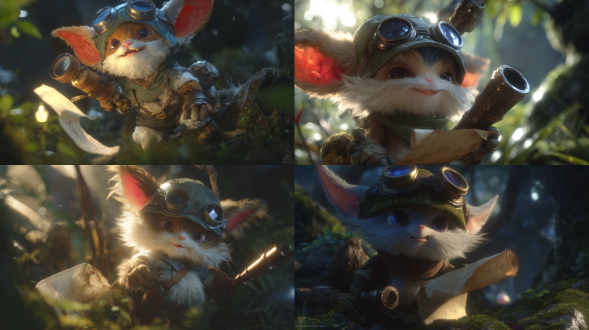 英雄联盟角色提莫，在森林里，可爱约德尔人，戴护目镜头盔，持卷轴和望远镜，黄昏光线，体积光效果，动态姿势，细腻毛皮纹理，逆光拍摄，电影级构图，超精细3d渲染，octane引擎，8k分辨率，zbrush雕刻，虚幻引擎背景，景深效果，高动态范围，柔和阴影，氛围雾气，奇幻现实主义风格，