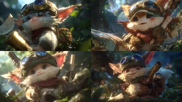 英雄联盟角色提莫，在森林里，可爱约德尔人，戴护目镜头盔，持卷轴和望远镜，黄昏光线，体积光效果，动态姿势，细腻毛皮纹理，逆光拍摄，电影级构图，超精细3d渲染，octane引擎，8k分辨率，zbrush雕刻，虚幻引擎背景，景深效果，高动态范围，柔和阴影，氛围雾气，奇幻现实主义风格，