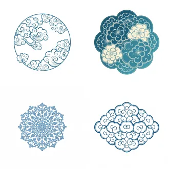 中国传统桂花云纹不对称图形，居中构图，纯白背景，蓝白色调，扁平矢量复古蚀刻，精致简约线条，柔和漫射光，高清晰度无畸变，中古风，雅致静谧。