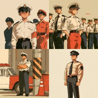 动画、幼儿彩绘风格、色彩温馨。一个警察，正面站立。