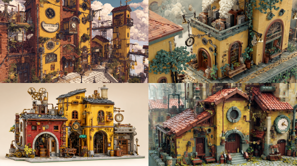 "悬铃木市的管闲事事务所，蒸汽朋克东方奇幻，砖木结构建筑，暖黄色墙面红砖外露，深灰瓦顶鸽子栖息，万花筒圆形彩玻璃窗，黄铜管道喷白蒸汽，齿轮风向标转动，古朴木制招牌铁链斜挂，黄铜铃铛，悬铃木枝叶半掩，石板路青苔野草，小花园木质长椅，巨型怀表店招，空中走廊连接，吉卜力手绘质感，明亮柔和色彩，生活气息奇思妙想，巨大絮状云朵。"