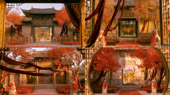 medium shot, front view through decorative lattice window, photography of ancient chinese mansion gate, no people, main subject is the grand gate of gu mansion, plaque on gate inscribed with chinese characters "顾府", abundant bright natural global daylight, warm golden sunlight, deep dark shadows, cream white tone, moderately increased saturation and contrast, natural and advanced cold-warm color contrast, warm light atmosphere, photoshop soft glow effect, grand and elegant chinese style, red maple trees, dark red flowing ribbons, a pair of stone lions at gate tied with red silk ribbons, red flower petals floating in air, flower beds beside gate filled with red blooms, hanging red lanterns, red carpet paved on ground, profound oriental artistic conception, traditional chinese aesthetic, realistic photographic style, 8k ultra hd, masterpiece, strong breathing sense of frame, clear and straightforward, no grainy noise, no high-frequency messy texture, no dirt or film grain