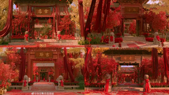 realistic photography, medium shot, bright and sunny ancient chinese mansion environment, global natural daylight, warm sunlight, deep dark shadows, cream white highlights, elegant natural cold-warm contrast, soft glow effect, warm atmospheric lighting, absolutely no people, the main subject is the grand gu mansion gate, chinese traditional architecture, red maple trees, yellow ginkgo leaves, dark red flowing ribbons, red silk ribbons tied to a pair of stone lions in front of the gate, red flower petals floating in the air, red flower beds beside the gate, red lanterns hanging, red carpet on the ground, a wooden plaque on the gate clearly inscribed with chinese characters “顾府”, grand and elegant oriental aesthetic, profound traditional chinese atmosphere, 8k ultra hd, masterpiece level, clear composition, strong breathing room in the frame, no fine noise, no high-frequency texture, no dirty grain, no dirt, no film grain