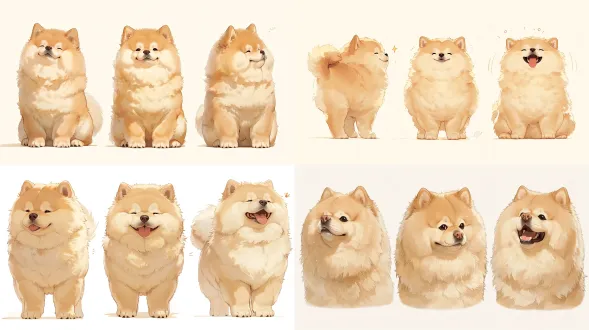 浅黄褐色短毛中华田园犬三视图并排，立耳圆鼓脸颊，得意笑容，纯白背景，影棚柔光，无阴影，正交对齐，8k超高清，毛发细节丰富，写实角色设定参考图。
