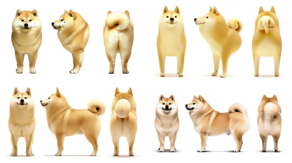 character design turnaround sheet of a tan chinese rural dog (中华田园犬), three views side by side: front view, side view, back view, on a pure white background. dog features: uniform light yellowish-brown short coat, upright triangular pointed ears standing straight up, round dark black eyes with intelligent expression, small shiny wet black nose, puffed-up swollen cheeks on both sides like it got stung by a bee, mouth slightly upturned with a smug satisfied grin, sturdy muscular build, strong straight legs, curled tail arching up over the back. professional character reference sheet style, even soft studio lighting, no shadows, clean white background, perfectly consistent proportions across all three views, orthographic projection, pixel-aligned, 8k ultra detailed, realistic fur texture, photorealistic photography style