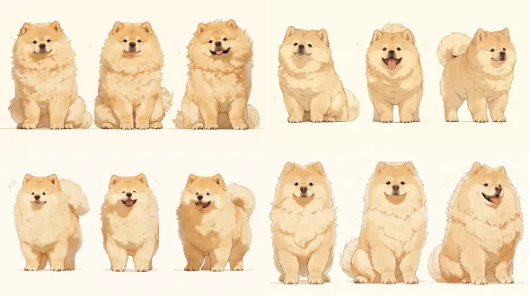 中华田园犬三视图并排，纯白背景，均匀柔光，无阴影，正投影，比例一致，短浅黄褐色被毛，直立三角耳，圆黑亮眸，湿黑小鼻，鼓颊，得意笑，健壮，卷尾，写实毛发，8k超精细，参考人设表，16:9