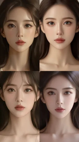 half-body portrait photo facing the camera directly, a 22-year-old east asian woman, korean style, cool and elegant vibe, soft oval face with smooth jawline, large slightly elongated almond eyes with double eyelids, clear gentle gaze, long natural lashes, softly defined dark brown arched eyebrows, straight slender nose bridge, small refined nose tip, full lips with defined cupid's bow, wearing muted rose lip color, fair dewy glowing skin, dark brown long hair center-parted falling over shoulders, calm aloof expression, light natural makeup, soft studio lighting, shallow depth of field, shot on 85mm f/1.8, ultra detailed skin texture, quiet and sophisticated aura