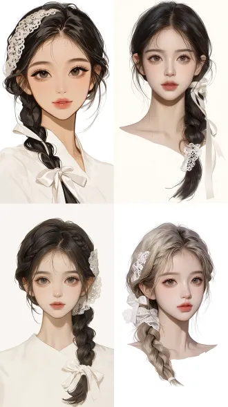 **年龄与人种**： - 年龄：约18岁左右的年轻女性 - 人种：东亚女性，面部特征偏向中国/韩系甜美少女风格 **五官详细描述**： **脸型**：圆润饱满的鹅蛋脸，苹果肌丰盈突出，下颌线柔和流畅，脸型小巧，整体轮廓清纯可爱。 **眼睛**：圆圆的杏眼，双眼皮明显，眼神温柔清澈，正视镜头时带着少女感。睫毛自然纤长，眼妆极淡。 **眉毛**：自然的弯眉，颜色呈深黑色，眉峰平缓不突兀，眉尾自然收细，整体柔和干净。 **鼻子**：鼻梁高度适中，山根起点自然，鼻头小巧精致，鼻翼宽度适中。 **嘴唇**：唇形饱满，上唇唇峰柔和，自然粉色唇色，嘴唇自然闭合，表情温柔。 **皮肤与其他**：皮肤白皙粉嫩，肤质细腻通透，气色很好。 **发型**：黑色长发，编成麻花辫，扎成侧马尾，辫子上系着白色丝带蝴蝶结，头上戴着白色蕾丝发饰。 整体五官组合偏向甜美清纯的少女风格，五官圆润柔和，正视镜头时给人一种温柔甜美、又带着少女感的感觉。