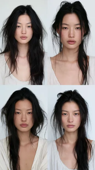 half-body portrait photo facing the camera directly, 22-year-old east asian chinese woman, oval face, natural warm fair skin, no-makeup fresh-faced natural look, subtle reddish eye corners, almond-shaped monolid eyes with glistening quiet depth, straight natural thin brows, long elegant eyelashes, slightly downturned lips pressed together, messy long black hair with a few loose strands framing face, light catching hair strands with airy texture, wearing loose off-white linen cotton home dress, breathtakingly beautiful, delicate refined bone structure, translucent radiant skin with natural glow, clean high-end facial contours, soft flattering light sculpting the face, ethereal cinematic beauty, premium editorial portrait quality, cold elegant striking aura, studio selfie style, plain seamless pure white studio background, frontal softbox even lighting, no backlight, no rim light, clean face illumination, casual phone front camera angle, slight head tilt, relaxed natural posture, 8k uhd resolution, 8k ultra high definition, ultra sharp focus, hyper detailed, photorealistic, ultra detailed skin texture, professional high resolution portrait photography