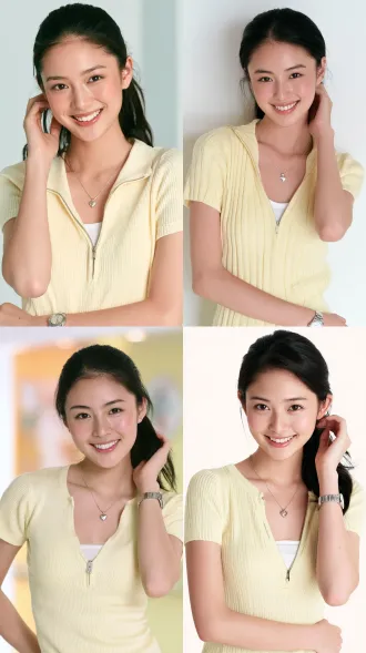 half-body portrait photo facing the camera directly, 20-year-old east asian young woman, smooth oval face with soft jawline, fair delicate skin with natural rosy glow, natural black curved brows, large bright almond eyes with double eyelids, slightly upturned eye corners, warm smiling eyes looking at camera, long eyelashes, straight refined nose, radiant bright smile showing neat white teeth, full natural pink lips, corners of mouth lifted, black hair pulled back into a clean ponytail revealing full forehead and facial contours, wearing pale butter yellow short-sleeve knitted top with v-neck zipper and white inner layer, vertical ribbed knit hem, delicate silver heart pendant necklace, silver metal wristwatch, one hand gently tucking hair behind ear, other hand on waist, breathtakingly beautiful, delicate refined bone structure, clean high-end facial contours, soft flattering light, fresh sweet modern urban girl aesthetic, soft natural light, clean bright color palette, dreamy youthful tender atmosphere, premium editorial portrait, 8k uhd resolution, ultra sharp focus, hyper detailed, photorealistic, ultra detailed skin texture, professional high resolution portrait photography