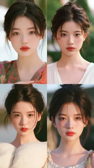 half-body portrait photo facing the camera directly, a 20-year-old east asian woman, chinese korean sweet style, fresh girl, round soft oval face with full apple cheeks, large almond eyes with double eyelids, gentle clear gaze, long natural lashes, soft arched eyebrows in dark brown, small refined nose tip, full lips with defined cupid's bow, wearing red lipstick, fair dewy skin, dark brown hair styled in an elegant updo with wispy strands, sweet gentle expression, soft natural outdoor lighting, shallow depth of field, shot on 85mm f/1.8, ultra detailed skin texture, sweet and fresh aura