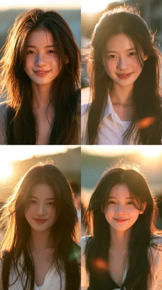 half-body portrait photo facing the camera directly, a 19-year-old east asian woman, chinese campus style, sweet girl, round soft oval face with full apple cheeks, round almond eyes with double eyelids, warm gentle smile, natural arched eyebrows in dark black, small refined nose tip, full lips with a gentle smile, fair dewy skin, long dark brown hair with wispy strands, sweet gentle expression, warm golden hour sunlight, soft lens flare, shallow depth of field, shot on 85mm f/1.8, ultra detailed skin texture, pure and youthful aura -