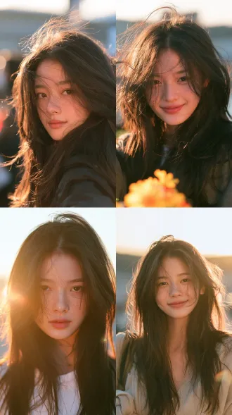 half-body portrait photo facing the camera directly, a 19-year-old east asian woman, chinese campus style, sweet girl, round soft oval face with full apple cheeks, round almond eyes with double eyelids, warm gentle smile, natural arched eyebrows in dark black, small refined nose tip, full lips with a gentle smile, fair dewy skin, long dark brown hair with wispy strands, sweet gentle expression, warm golden hour sunlight, soft lens flare, shallow depth of field, shot on 85mm f/1.8, ultra detailed skin texture, pure and youthful aura -