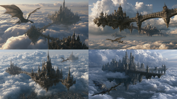 a huge floating city of the other world is suspended between the clouds, a huge bridge connects the royal city of the islands in the sky, and a medieval magic dragon soars in the sea of clouds. the picture presents matte high-grade texture, volume and fog, showing a movie-like light and shadow atmosphere, 8k ultra-high definition picture quality.