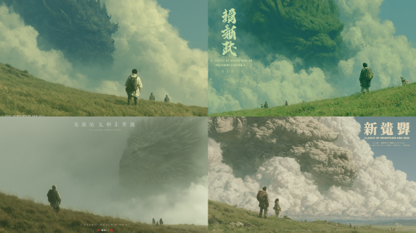 新海诚风格, 广阔草地, 对角线构图, 长焦拍摄, 超广角, 全景, 白金, 自然绿, 黑, 电影灯光, 山海经, 巨大黑龙，隐匿在云层中，压迫感，人物渺小，衬托巨龙的庞大