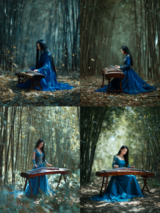 春天正午，一位墨色长发绝美女子，身穿青色典雅长裙，在竹林里正对镜头弹古筝，偶有竹叶飘落