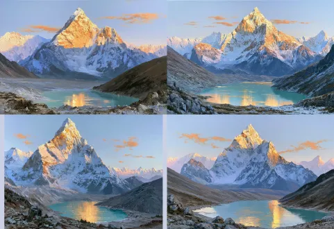 thick impasto oil painting, majestic snow capped himalaya peak at golden sunrise, sunlit golden glowing snow ridges, deep cool blue ice and rock shadows, foreground turquoise glacial lake reflects golden mountain light, barren rocky high altitude valley, distant line of snow peaks, pale blue clear sky with scattered orange tinted wispy clouds, obvious heavy brush texture, epic grand landscape, soft warm dawn lighting, high detail