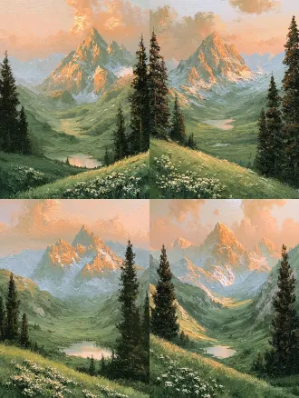 impasto palette knife oil painting, majestic alpine valley landscape, golden hour sunset, sharp jagged sunlit rocky mountain peaks glowing in warm golden orange sunlight, distant hazy pale blue mountain ranges, rolling lush green alpine meadows, calm small alpine lake in the middle of the valley, tall dark pine trees framing the foreground on both sides, clusters of small white wildflowers on the foreground grass slope, warm peachy orange soft clouded sky, extremely thick raised textured brush strokes, classic retro landscape oil painting aesthetic, soft natural atmosphere lighting, tranquil peaceful pastoral mood, harmonious muted sage green, warm orange and cool pale blue color palette, visible textured canvas surface