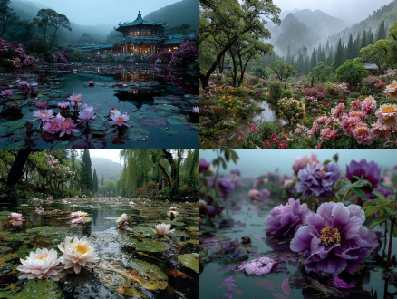 百花谷终年不败花海，巨型牡丹花瓣拱门，露珠滋养灵力，溪流纵横奇花异草，凝露花清晨分泌炼丹材料，摘星阁花瓣包裹千叶莲台炼丹炉，丹成霞光花香交融丹韵霞光，花藤迷阵外人迷失，广角镜头，柔光，自然色调，仙境氛围，飘渺光影，高细节纹理，宁静祥和