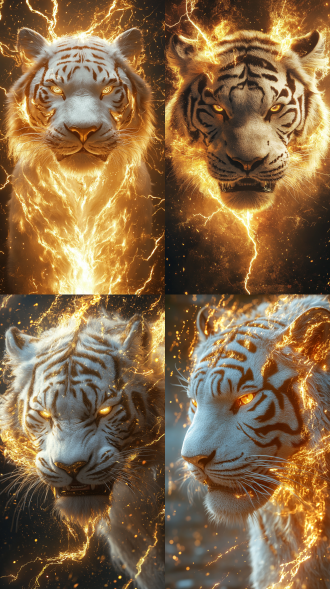 黄金白虎脸部特写，中国古风神话风格，白色毛发与金色火焰交织，威严表情直视，雷电环绕，动态金色电弧，半透明火焰组成巨物，仰天怒吼扑击，仰视视角，压迫感十足，8k超高清渲染，复杂纹理细节，电影级光影，纯金色背景，超现实3d风格，火焰裂纹与电光交织，威严，震撼，动态特效