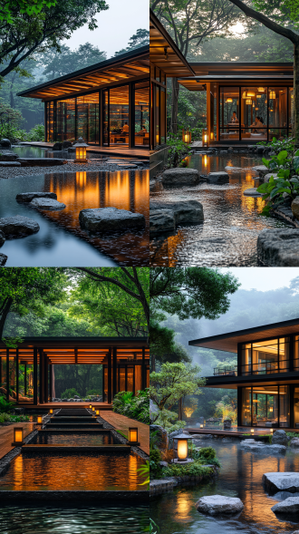 度假露营基地，现代建筑与日式园林融合，极简主义风格，木质结构，几何线条，宁静庭院，浅水池，石灯笼，绿植环绕，自然光线，柔焦效果，低饱和度色彩，禅意氛围，游客穿休闲服，轻松表情，平视角拍摄，对称构图，黄昏暖光，薄雾效果，35mm镜头，浅景深，中性色调，长曝光，静态美，和谐感。