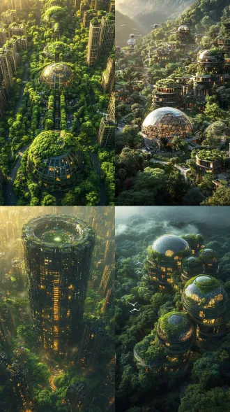 鸟瞰穹顶城市，中心对称构图，绿色植被环绕，透明transformer结构建筑，逆光拍摄，斑驳光影，清新主色调，金色阳光点缀，垂直农场与生态花园，无人机穿梭，微风拂动，科技感与自然融合，广角镜头，高动态范围，未来世外桃源氛围。